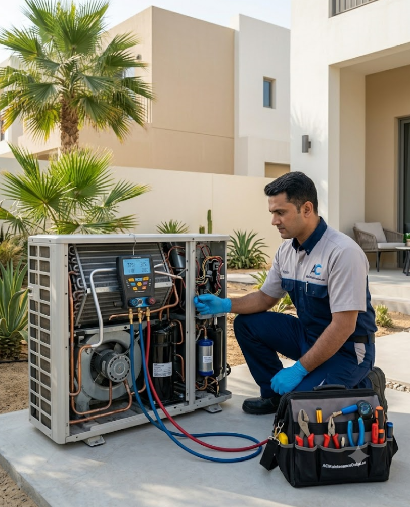 AC Maintenance Dubai technician servicing residential air conditioner