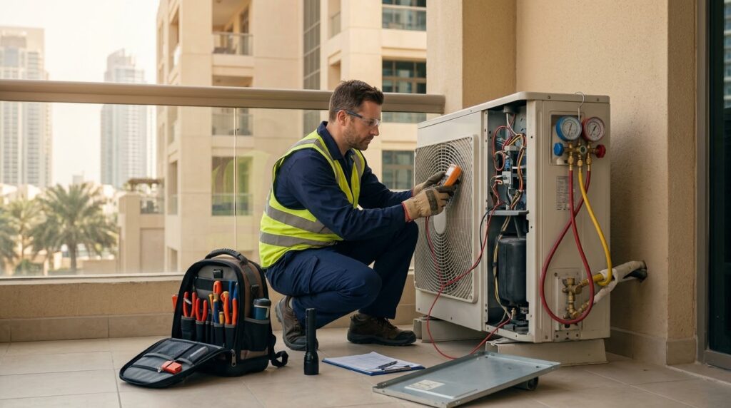 HVAC technician diagnosing an air conditioner during an emergency repair visit.