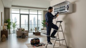 AC repair technician servicing a split air conditioner in Dubai.